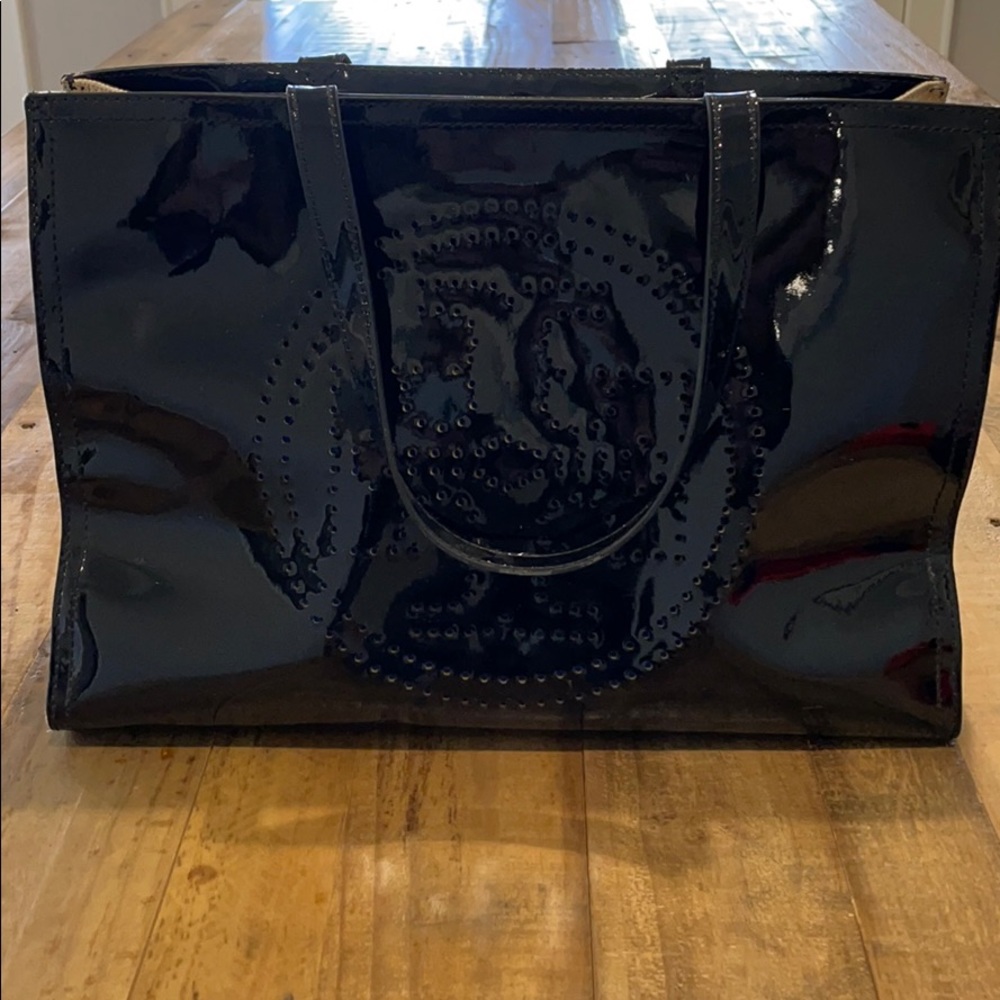 Black patent and canvas Tory Burch tote bag